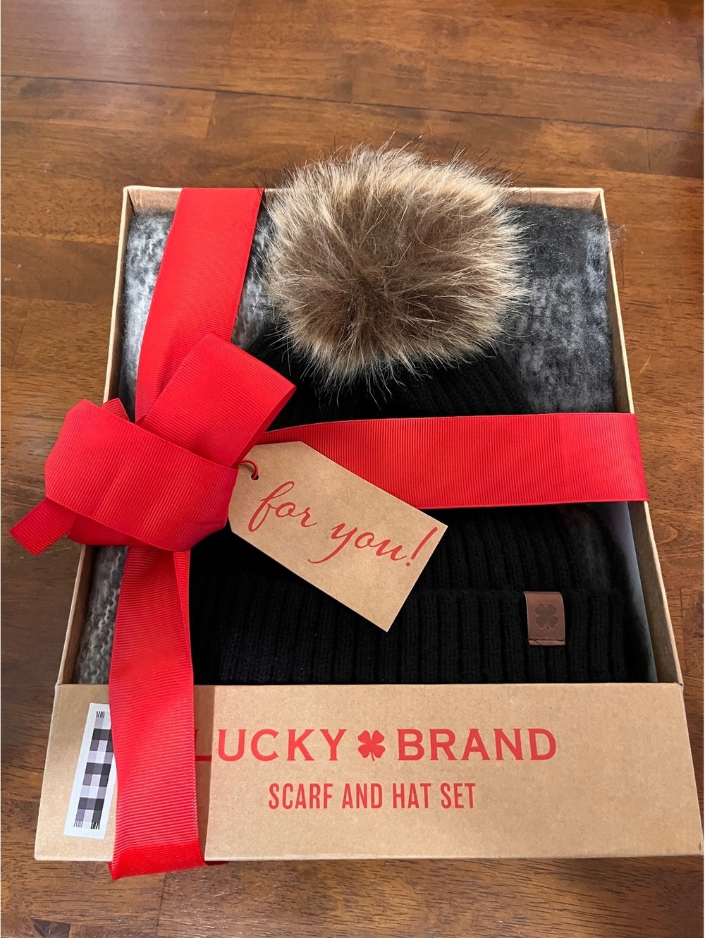 Lucky Brand Scarf and Hat Set with Faux Fur Pom Pom, Black Ribbed Knit Hat and G
